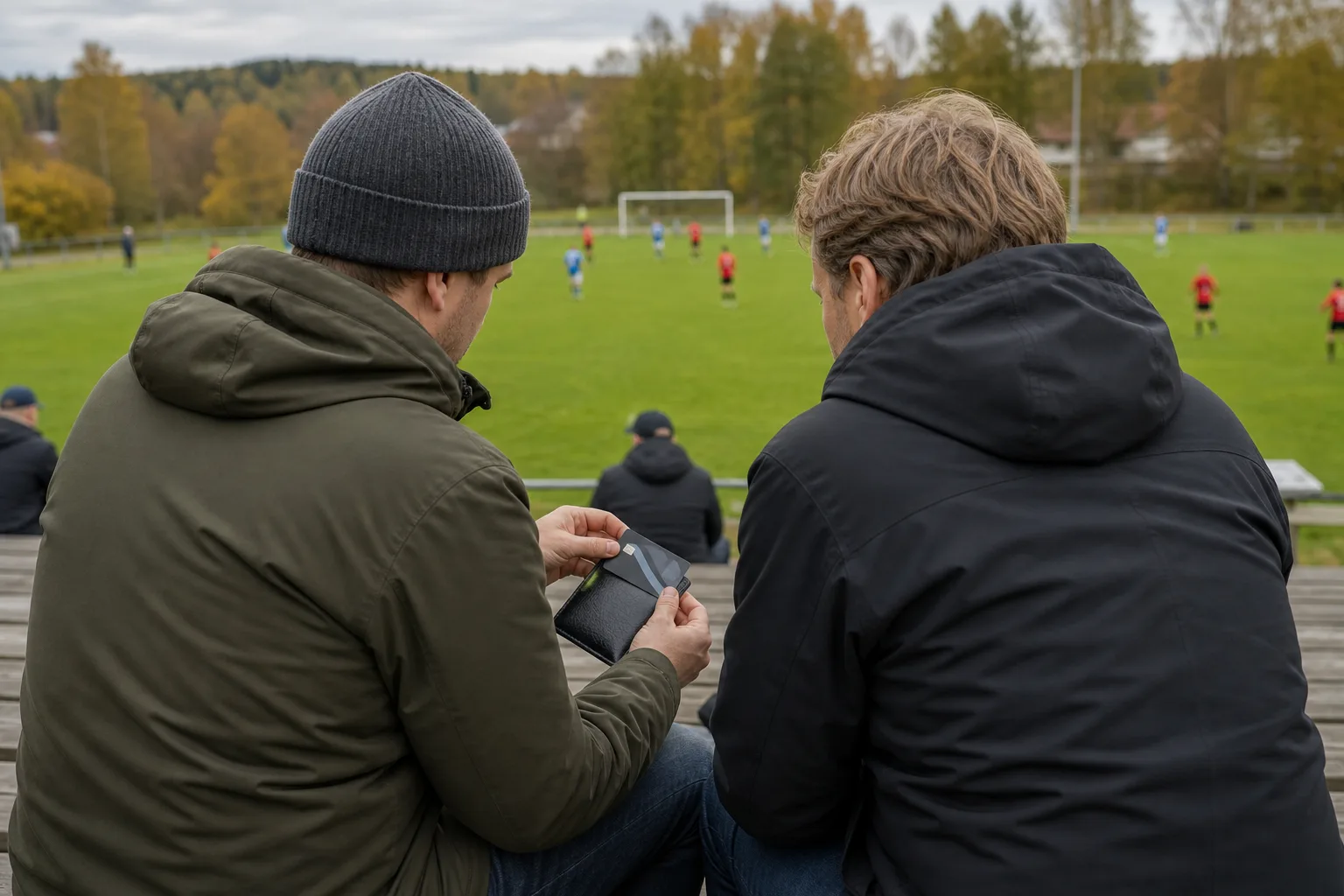 Vänner sitter på en liten läktare med en plånbok i förgrunden.
