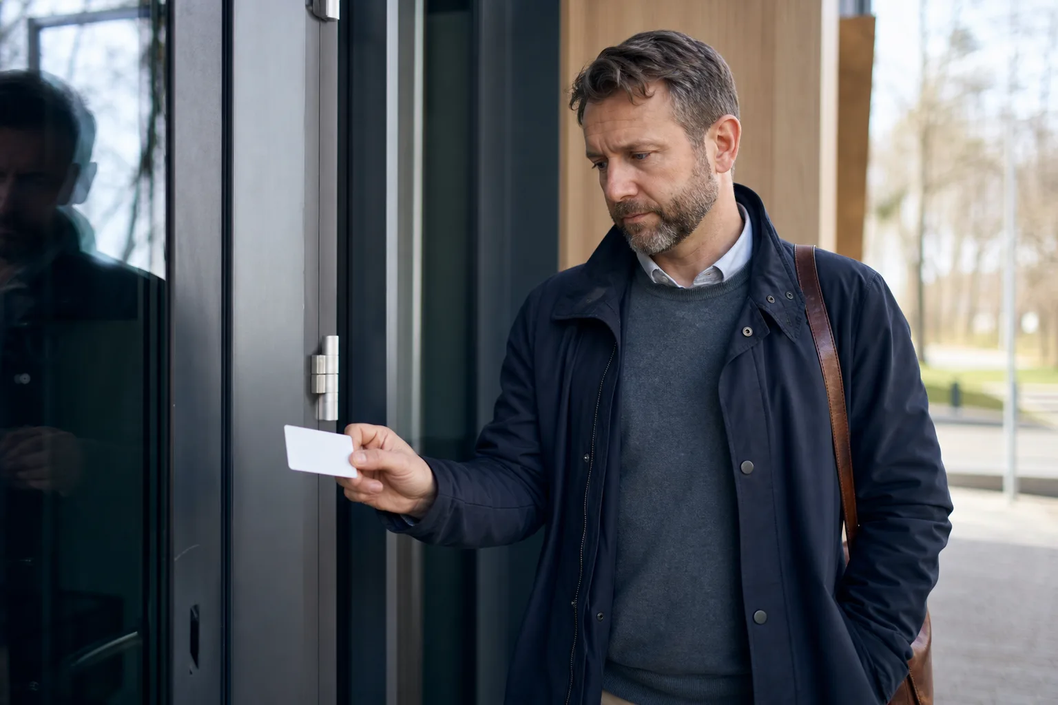 Kontorsarbetare håller ett generiskt passerkort vid en entrédörr.