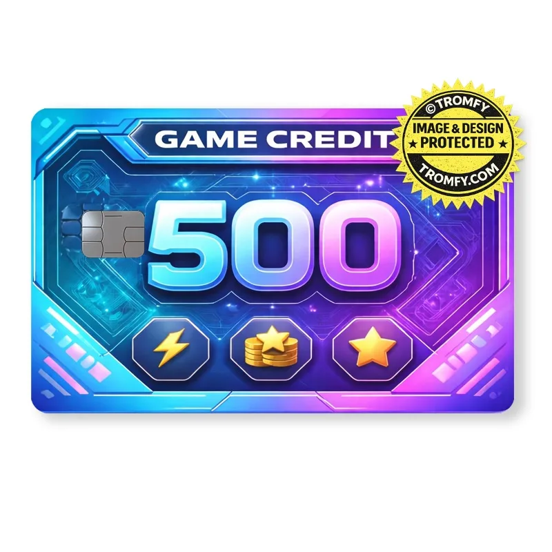 Kortdekal med spelinspirerat credit-motiv i holografisk yta