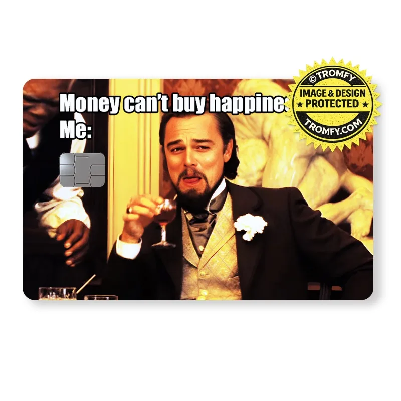 Kortdekal med mememotiv och texten Money Can’t Buy Happiness